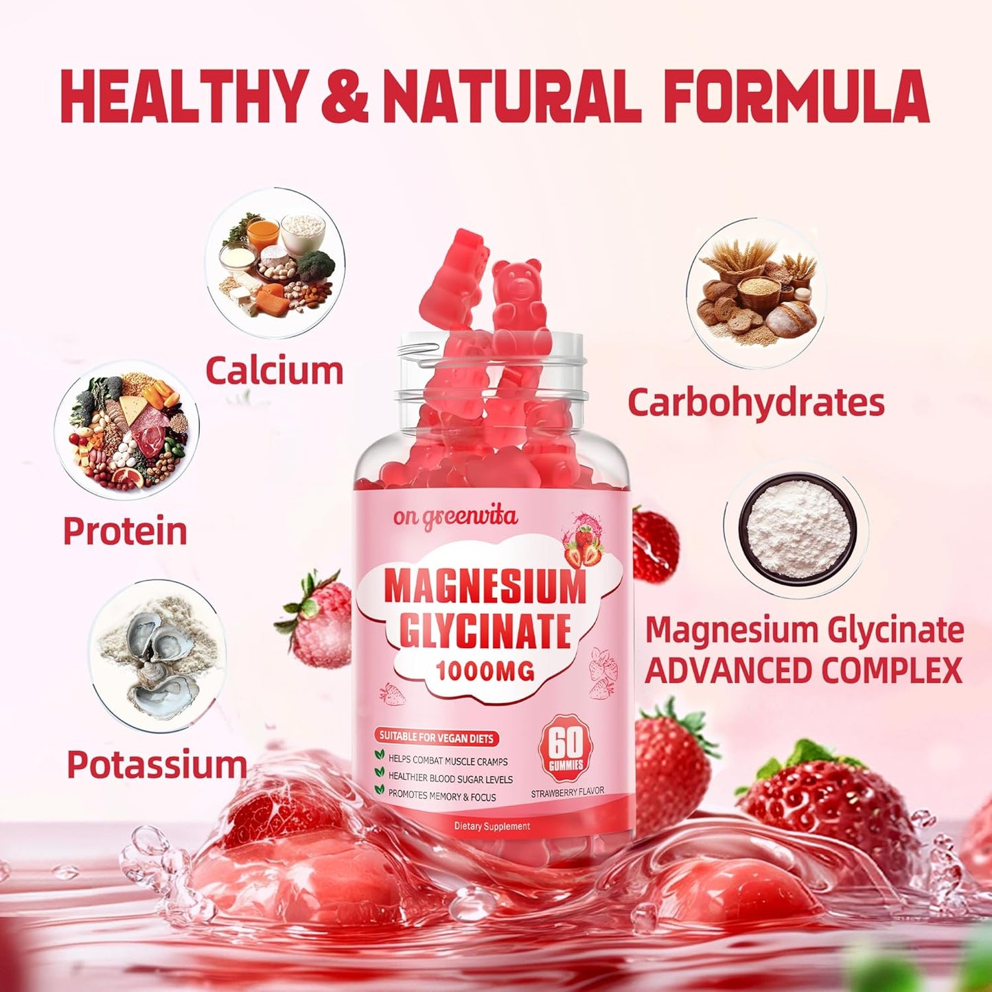 Sugar-Free Magnesium Glycinate Gummies with Potassium, Vitamin D, B6, and CoQ10 - 60 Strawberry Gummies for Calm Mood & Sleep Support
