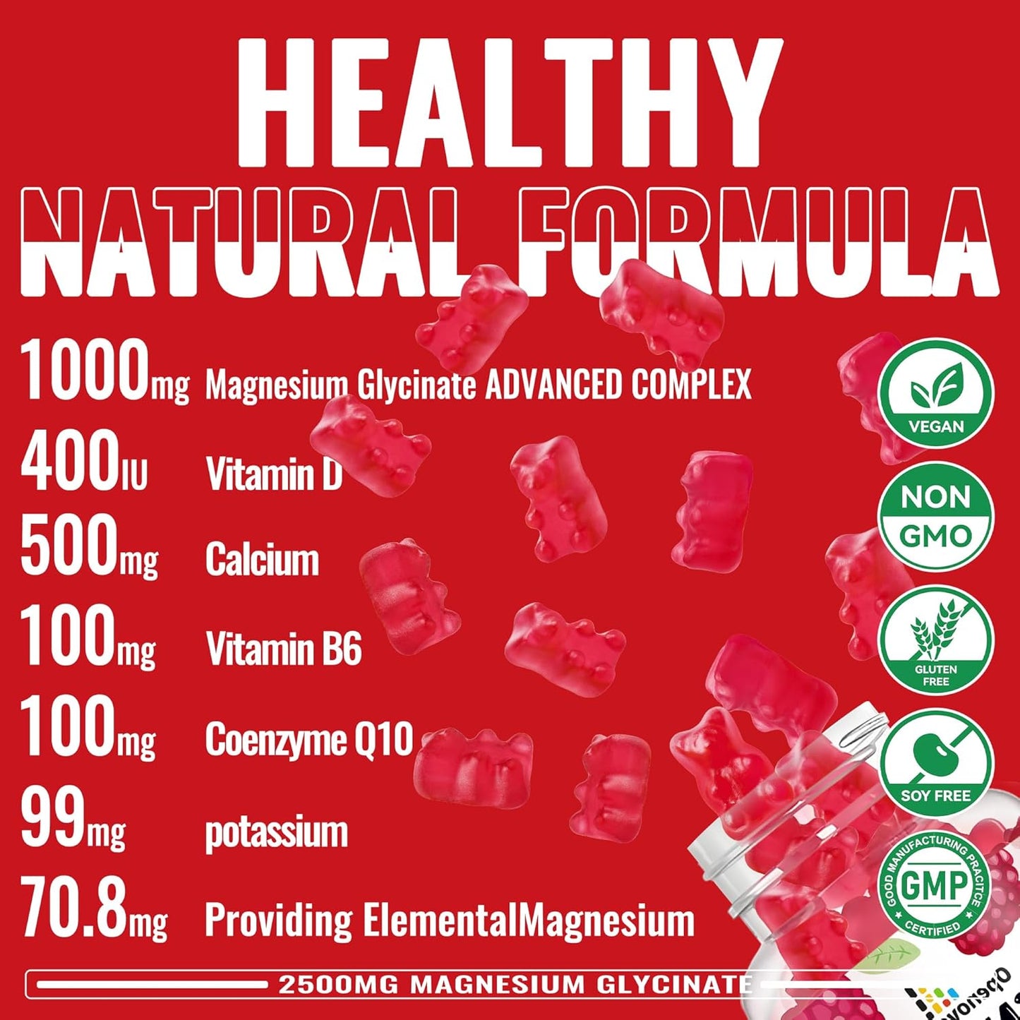 Sugar-Free Magnesium Glycinate Gummies with Potassium, Vitamin D, B6, CoQ10 - 90 Raspberry Gummies for Calm Mood & Sleep Support