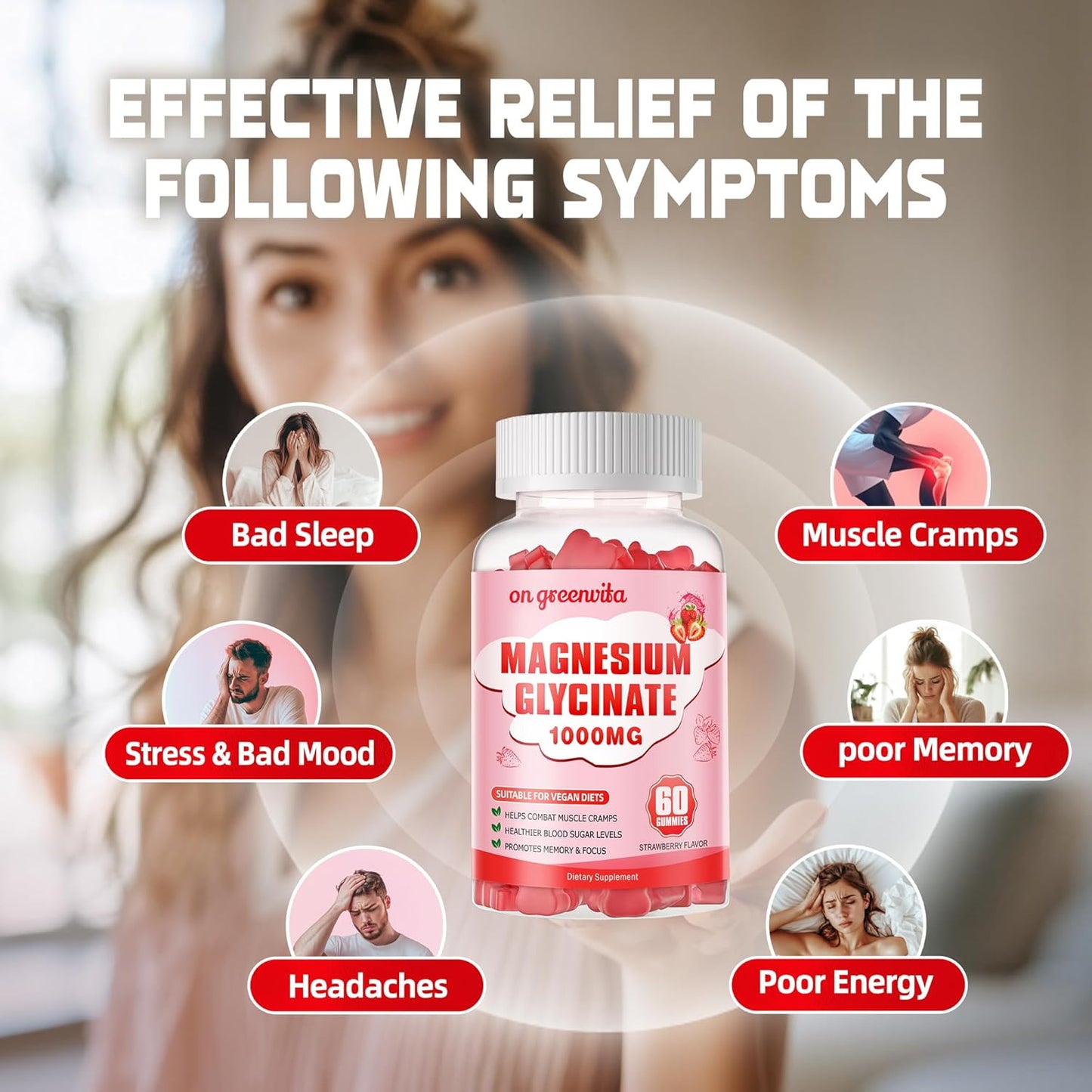 Sugar-Free Magnesium Glycinate Gummies with Potassium, Vitamin D, B6, and CoQ10 - 60 Strawberry Gummies for Calm Mood & Sleep Support