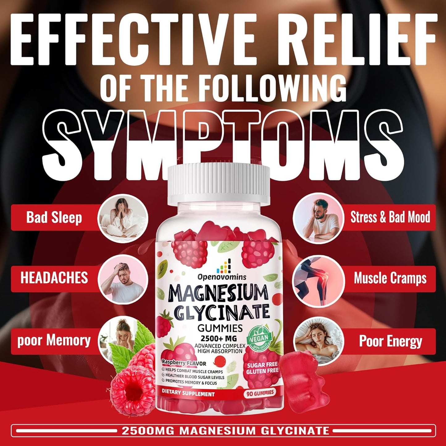 Sugar-Free Magnesium Glycinate Gummies with Potassium, Vitamin D, B6, CoQ10 - 90 Raspberry Gummies for Calm Mood & Sleep Support