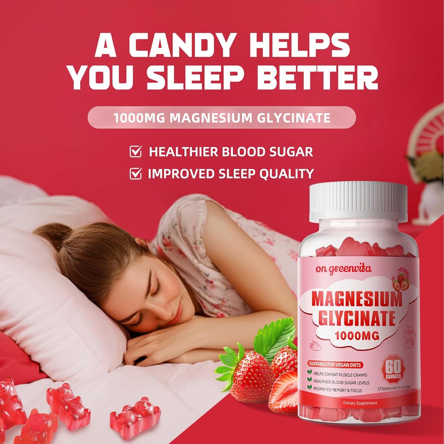 Sugar-Free Magnesium Glycinate Gummies with Potassium, Vitamin D, B6, and CoQ10 - 60 Strawberry Gummies for Calm Mood & Sleep Support