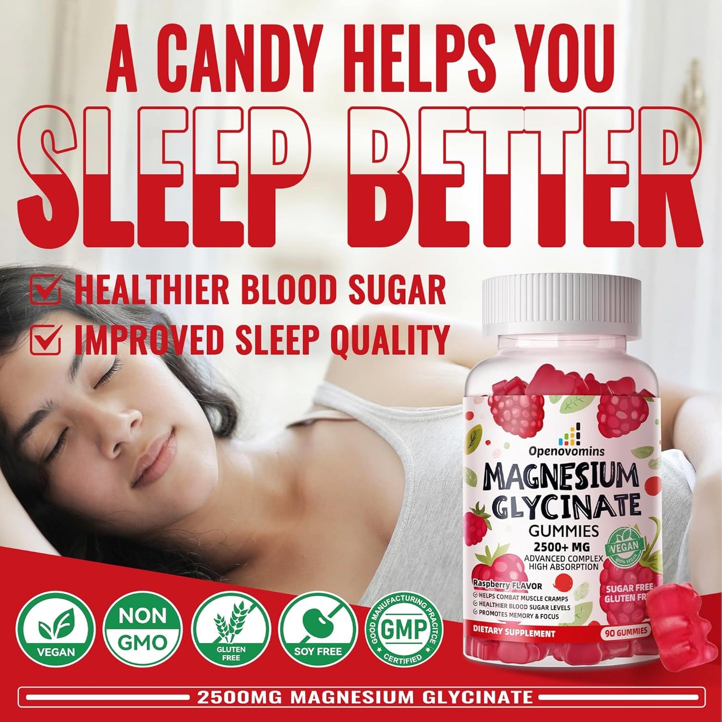 Sugar-Free Magnesium Glycinate Gummies with Potassium, Vitamin D, B6, CoQ10 - 90 Raspberry Gummies for Calm Mood & Sleep Support