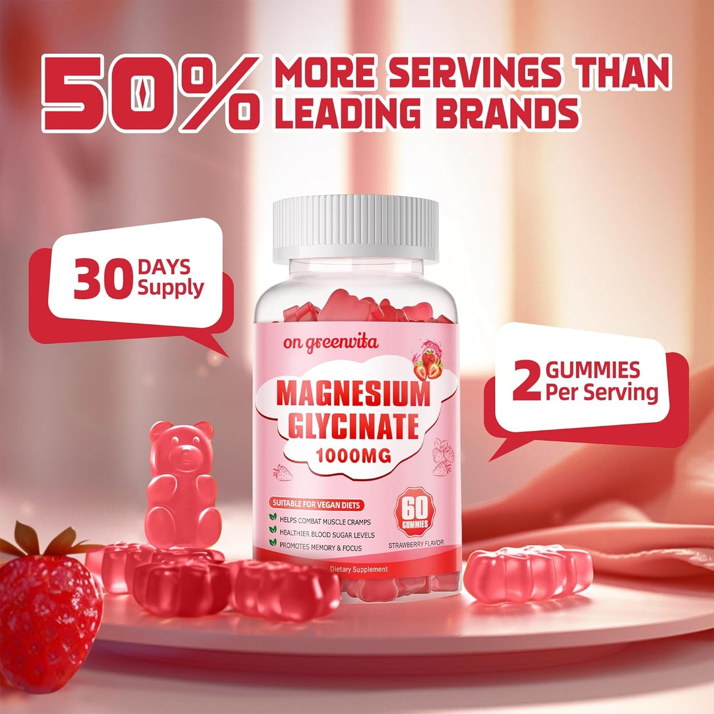 Sugar-Free Magnesium Glycinate Gummies with Potassium, Vitamin D, B6, and CoQ10 - 60 Strawberry Gummies for Calm Mood & Sleep Support