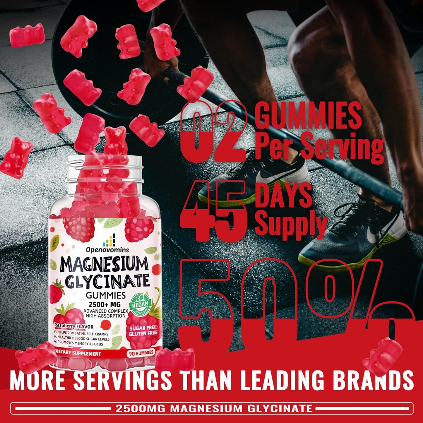 Sugar-Free Magnesium Glycinate Gummies with Potassium, Vitamin D, B6, CoQ10 - 90 Raspberry Gummies for Calm Mood & Sleep Support