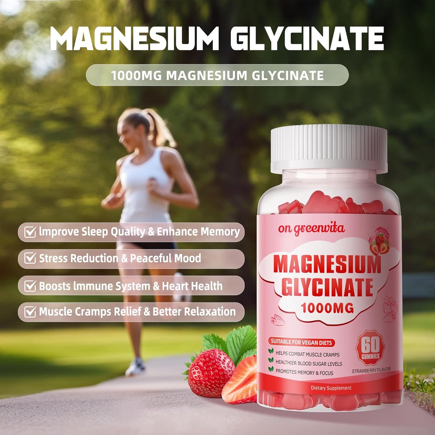 Sugar-Free Magnesium Glycinate Gummies with Potassium, Vitamin D, B6, and CoQ10 - 60 Strawberry Gummies for Calm Mood & Sleep Support