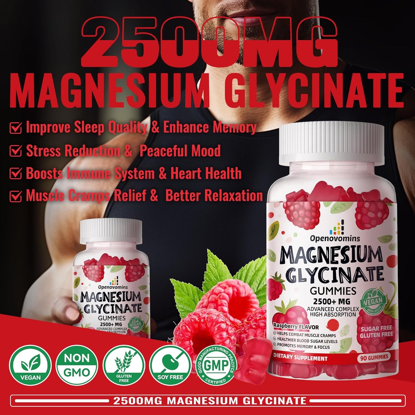 Sugar-Free Magnesium Glycinate Gummies with Potassium, Vitamin D, B6, CoQ10 - 90 Raspberry Gummies for Calm Mood & Sleep Support