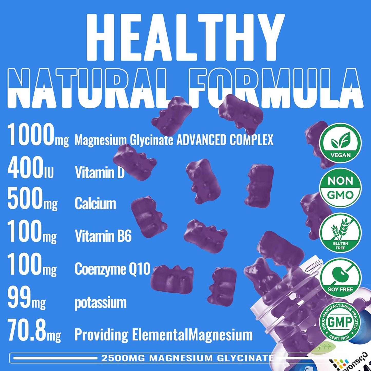 Sugar-Free Magnesium Glycinate Gummies with Vitamins for Calm Mood & Sleep Support - 90 Blueberry Gummies, 2500mg