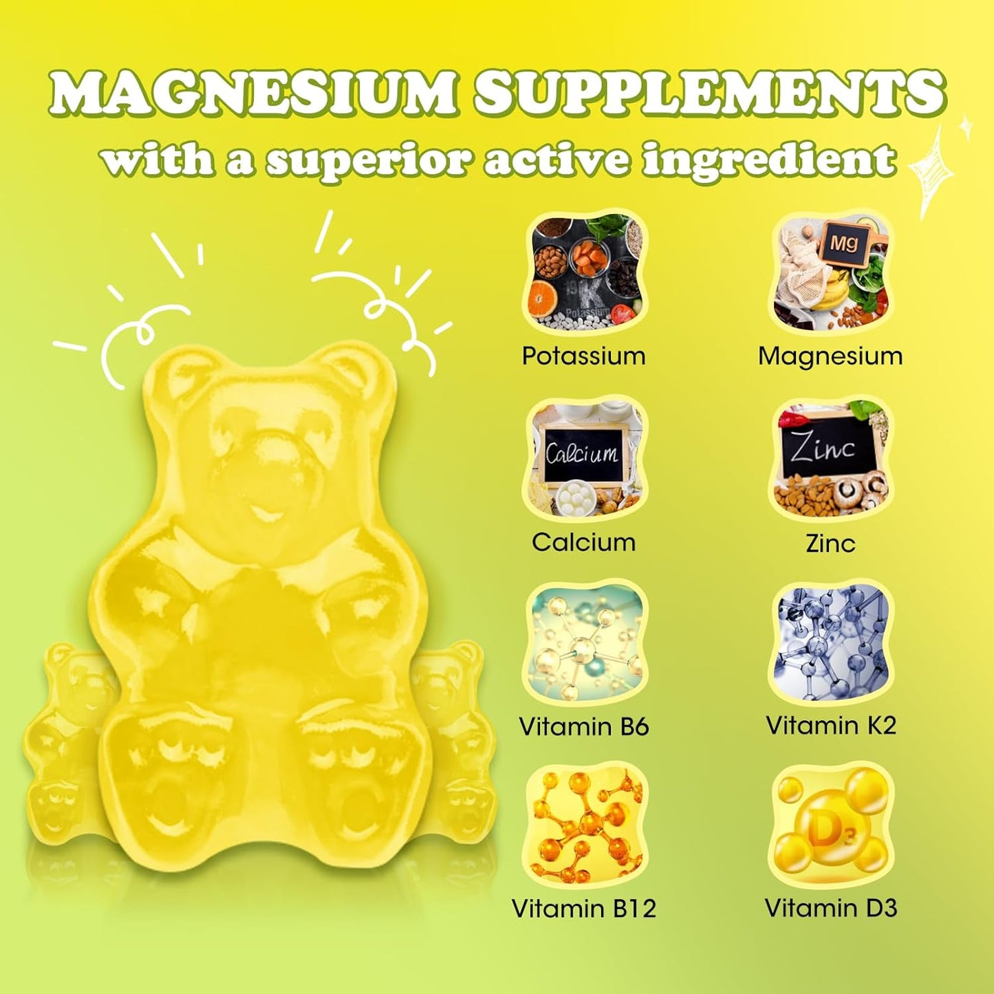 Sugar-Free Magnesium Glycinate Gummies with Vitamin D, B6, B12 - 90 Ct - Non-GMO for Adults & Kids - Supports Calmness & Sleep