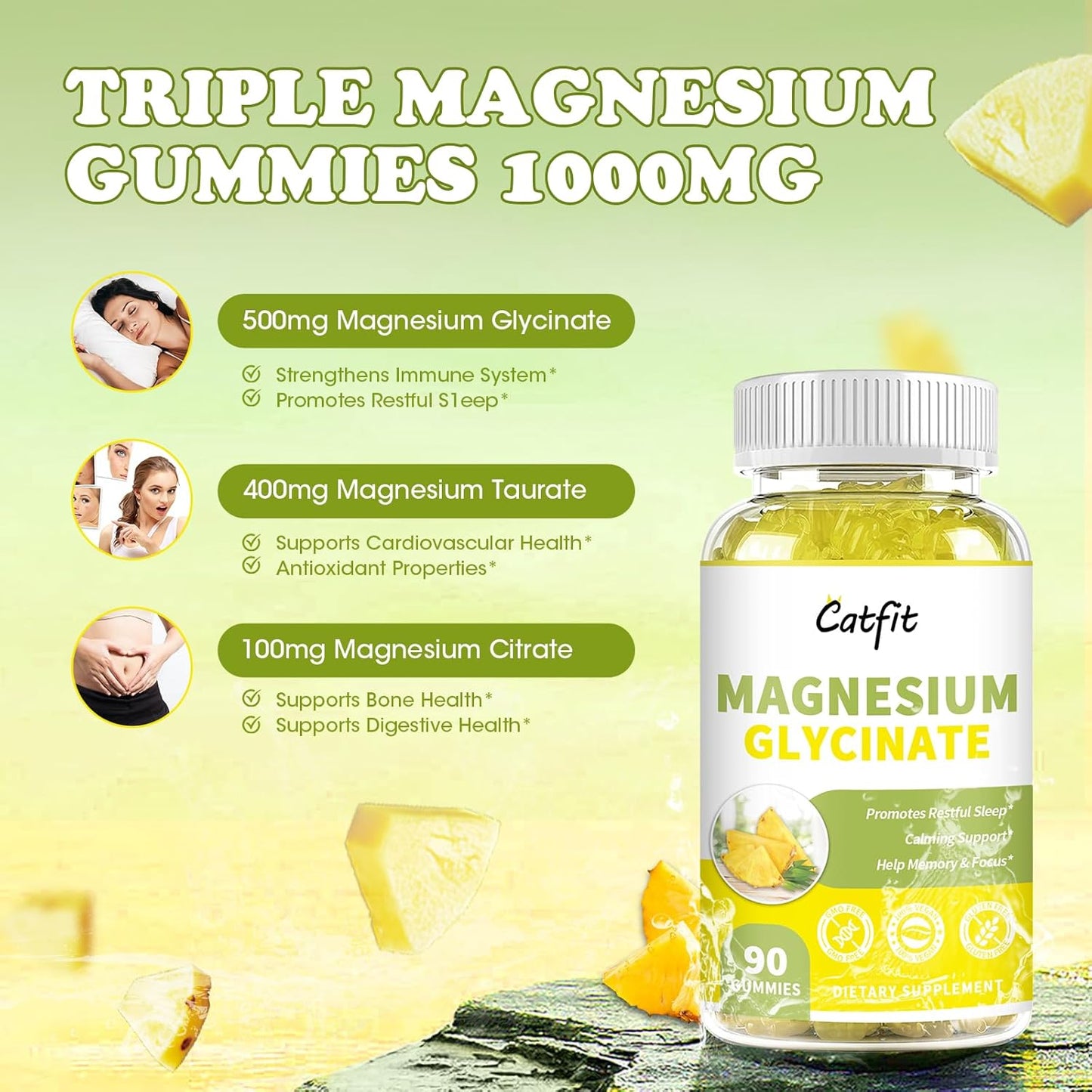 Sugar-Free Magnesium Glycinate Gummies with Vitamin D, B6, B12 - 90 Ct - Non-GMO for Adults & Kids - Supports Calmness & Sleep
