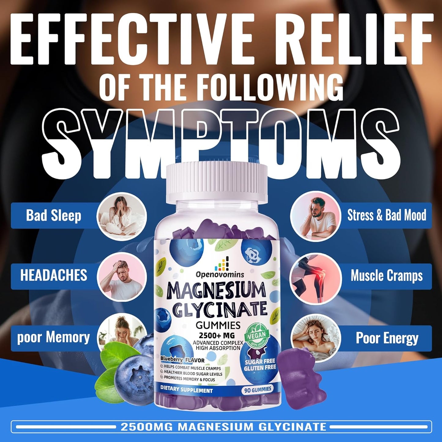 Sugar-Free Magnesium Glycinate Gummies with Vitamins for Calm Mood & Sleep Support - 90 Blueberry Gummies, 2500mg