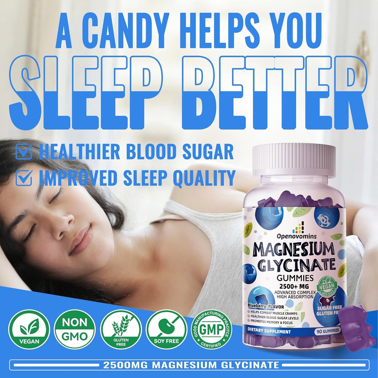Sugar-Free Magnesium Glycinate Gummies with Vitamins for Calm Mood & Sleep Support - 90 Blueberry Gummies, 2500mg