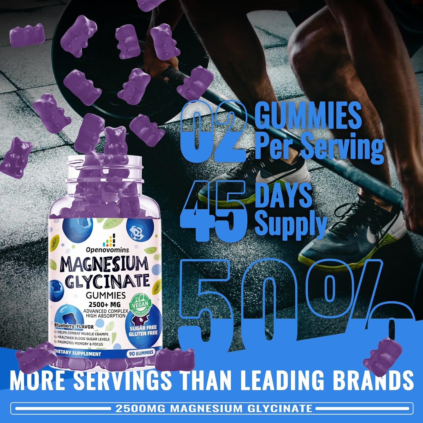 Sugar-Free Magnesium Glycinate Gummies with Vitamins for Calm Mood & Sleep Support - 90 Blueberry Gummies, 2500mg