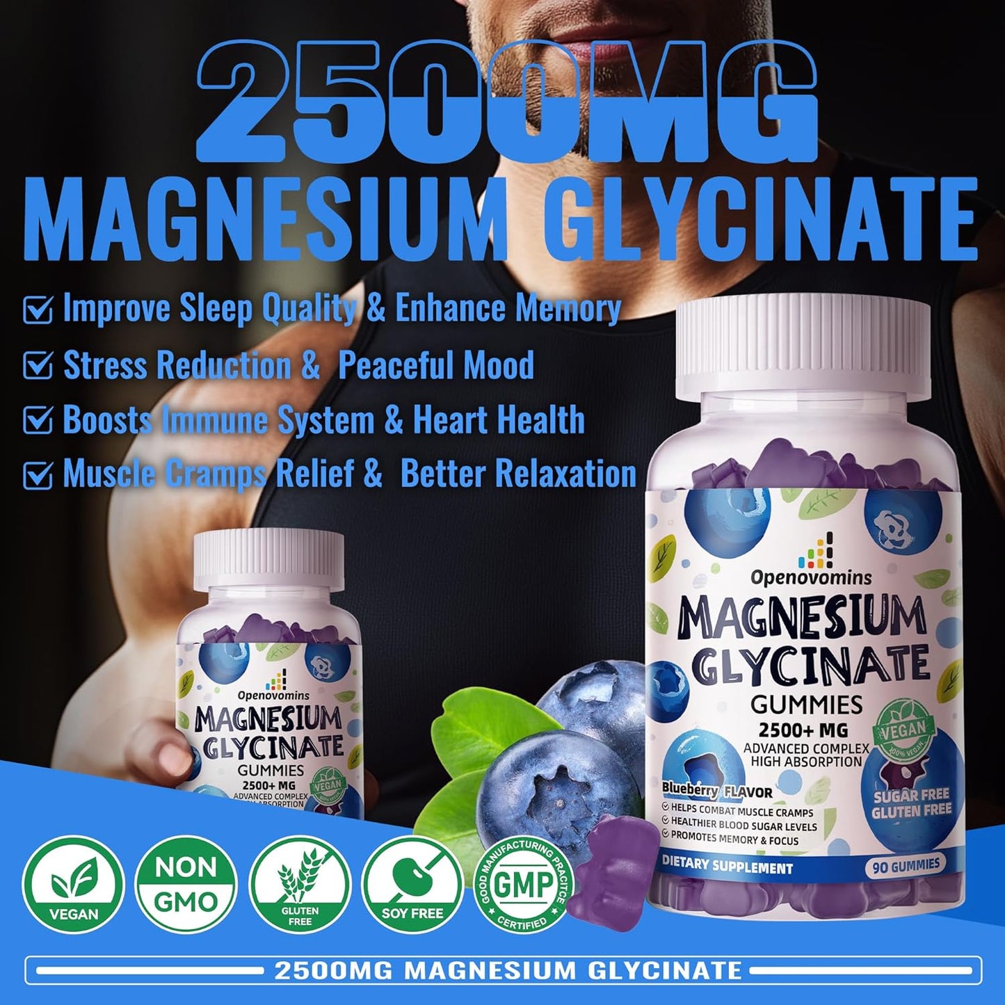 Sugar-Free Magnesium Glycinate Gummies with Vitamins for Calm Mood & Sleep Support - 90 Blueberry Gummies, 2500mg