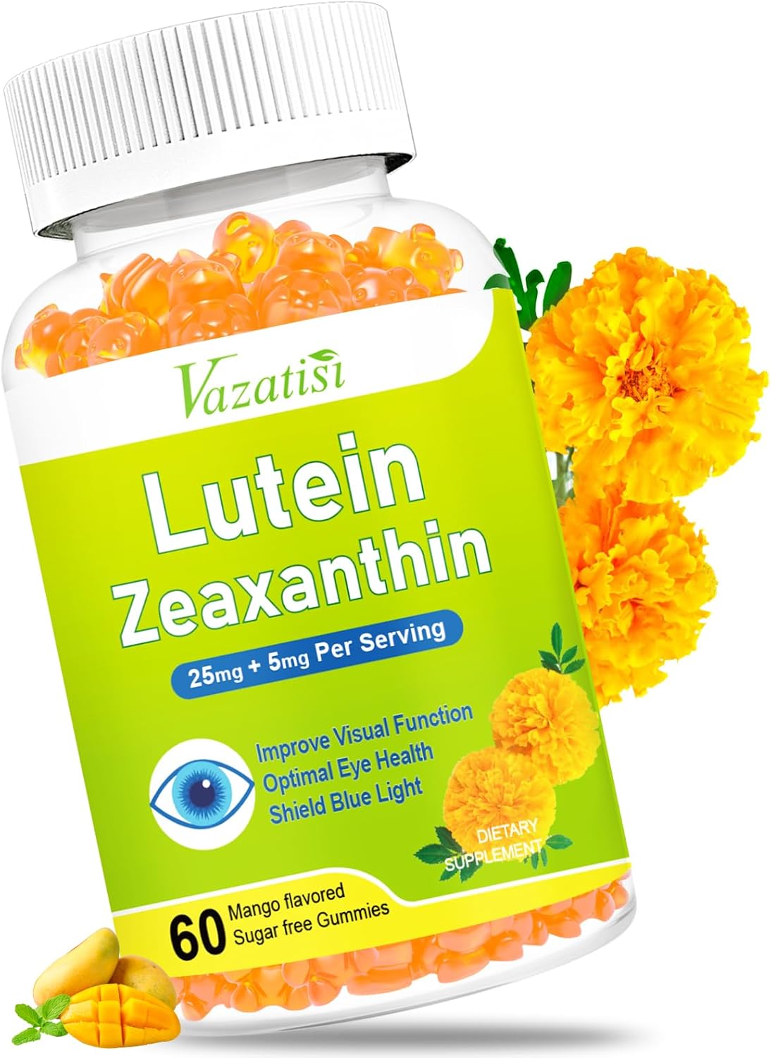 Sugar-Free Mango Flavored Eye Vitamins with Lutein, Zeaxanthin, Bilberry, & Astaxanthin - 60 Gummies for Blue Light, Visual Function, & Macular Health