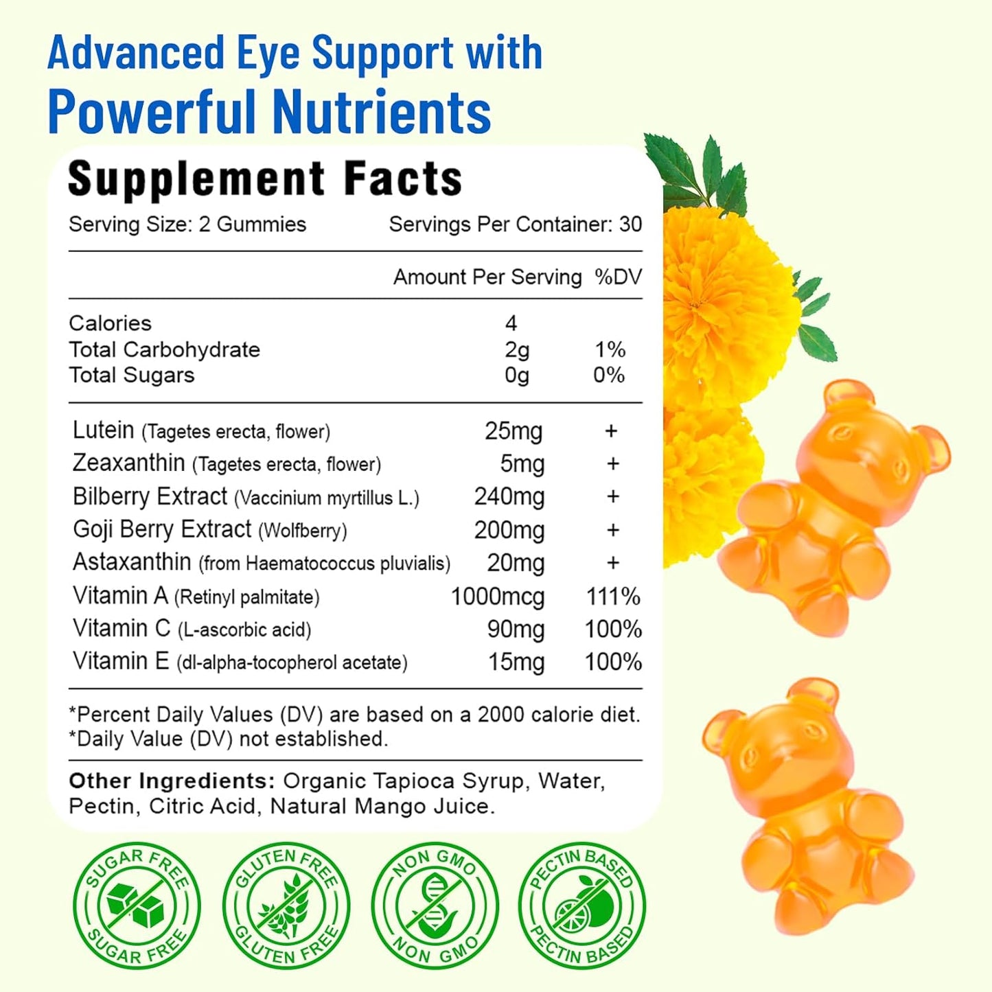 Sugar-Free Mango Flavored Eye Vitamins with Lutein, Zeaxanthin, Bilberry, & Astaxanthin - 60 Gummies for Blue Light, Visual Function, & Macular Health