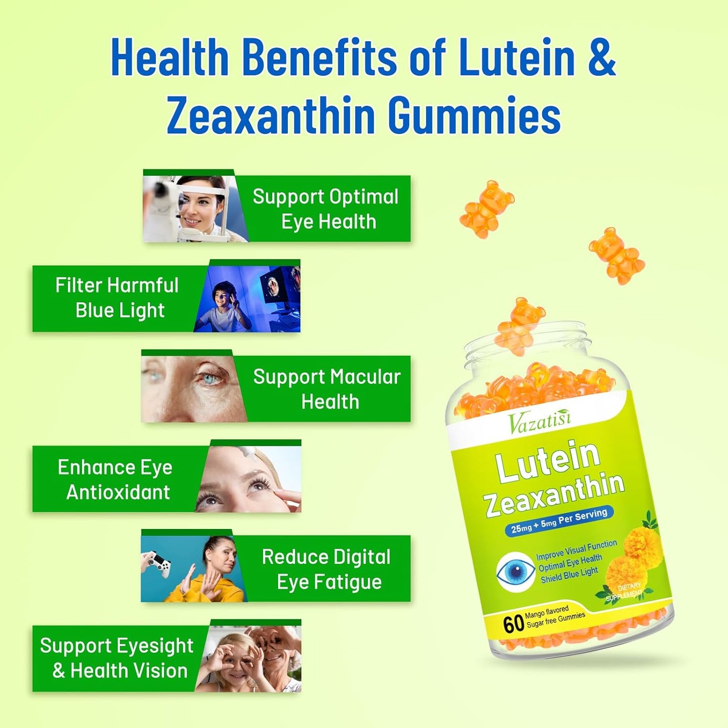 Sugar-Free Mango Flavored Eye Vitamins with Lutein, Zeaxanthin, Bilberry, & Astaxanthin - 60 Gummies for Blue Light, Visual Function, & Macular Health