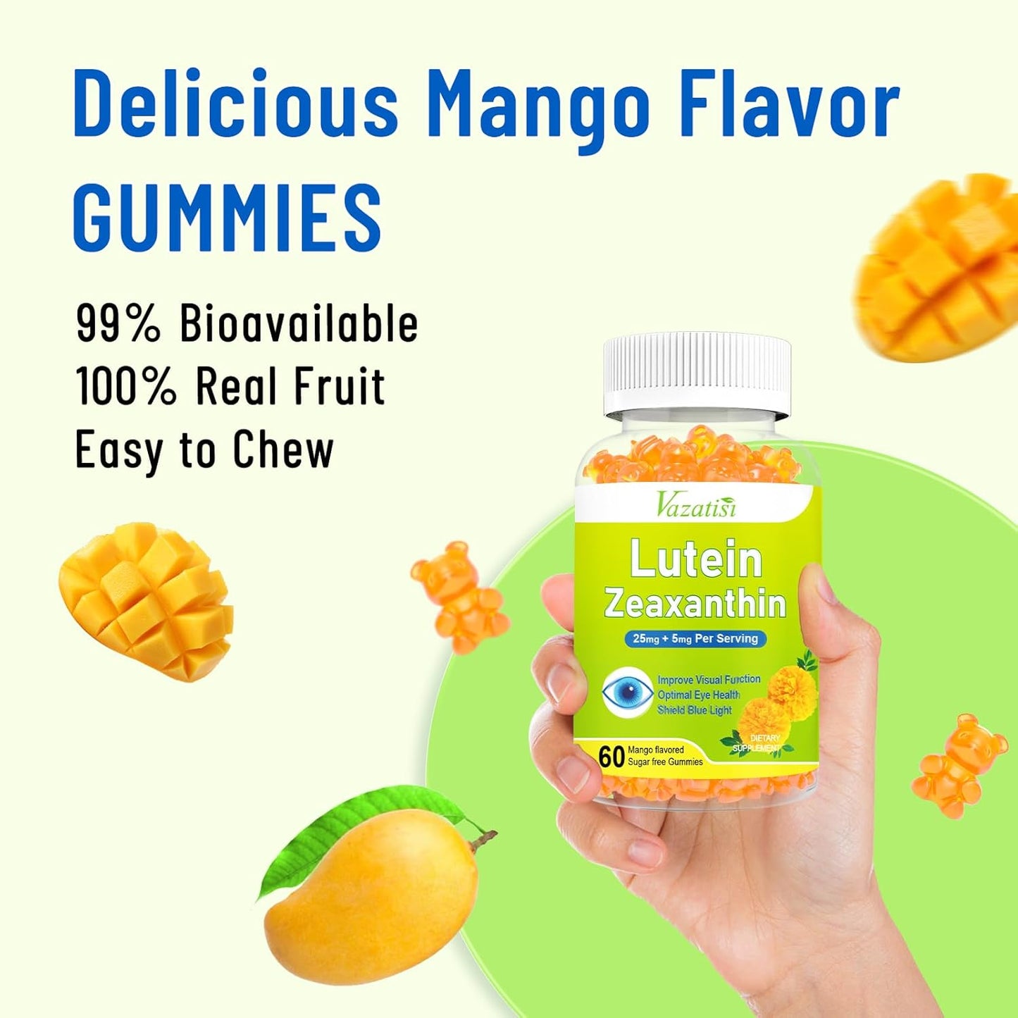 Sugar-Free Mango Flavored Eye Vitamins with Lutein, Zeaxanthin, Bilberry, & Astaxanthin - 60 Gummies for Blue Light, Visual Function, & Macular Health