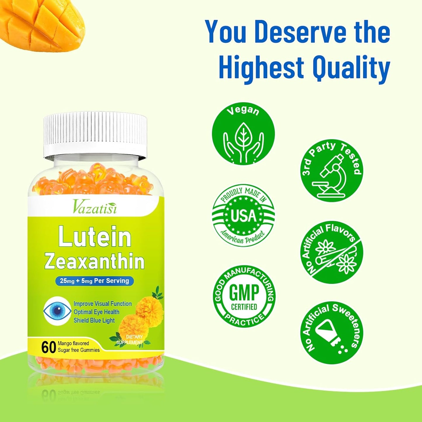 Sugar-Free Mango Flavored Eye Vitamins with Lutein, Zeaxanthin, Bilberry, & Astaxanthin - 60 Gummies for Blue Light, Visual Function, & Macular Health