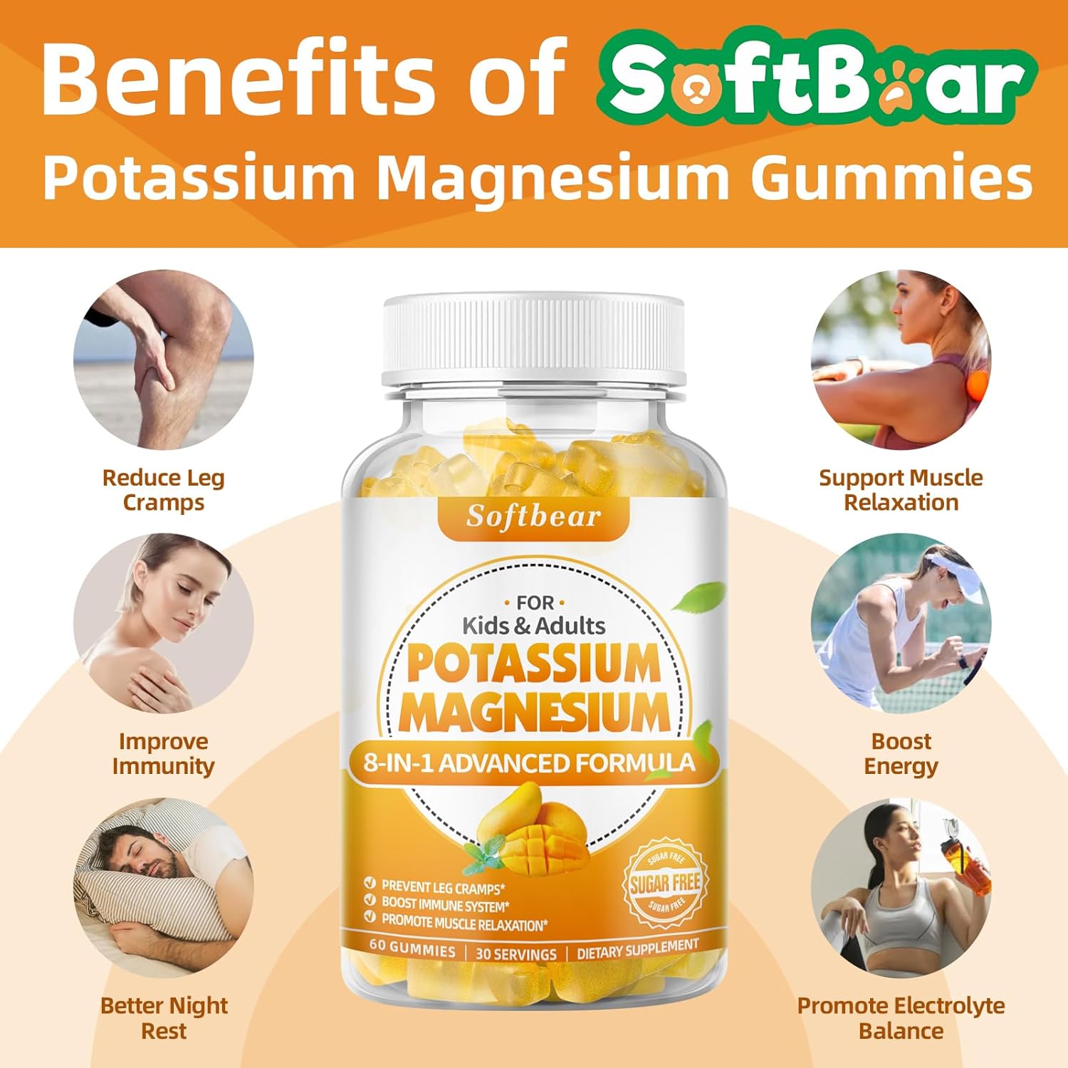 Sugar-Free Mango Flavored Potassium Magnesium Calcium Gummies for Women - 60 Count, Muscle Health Support