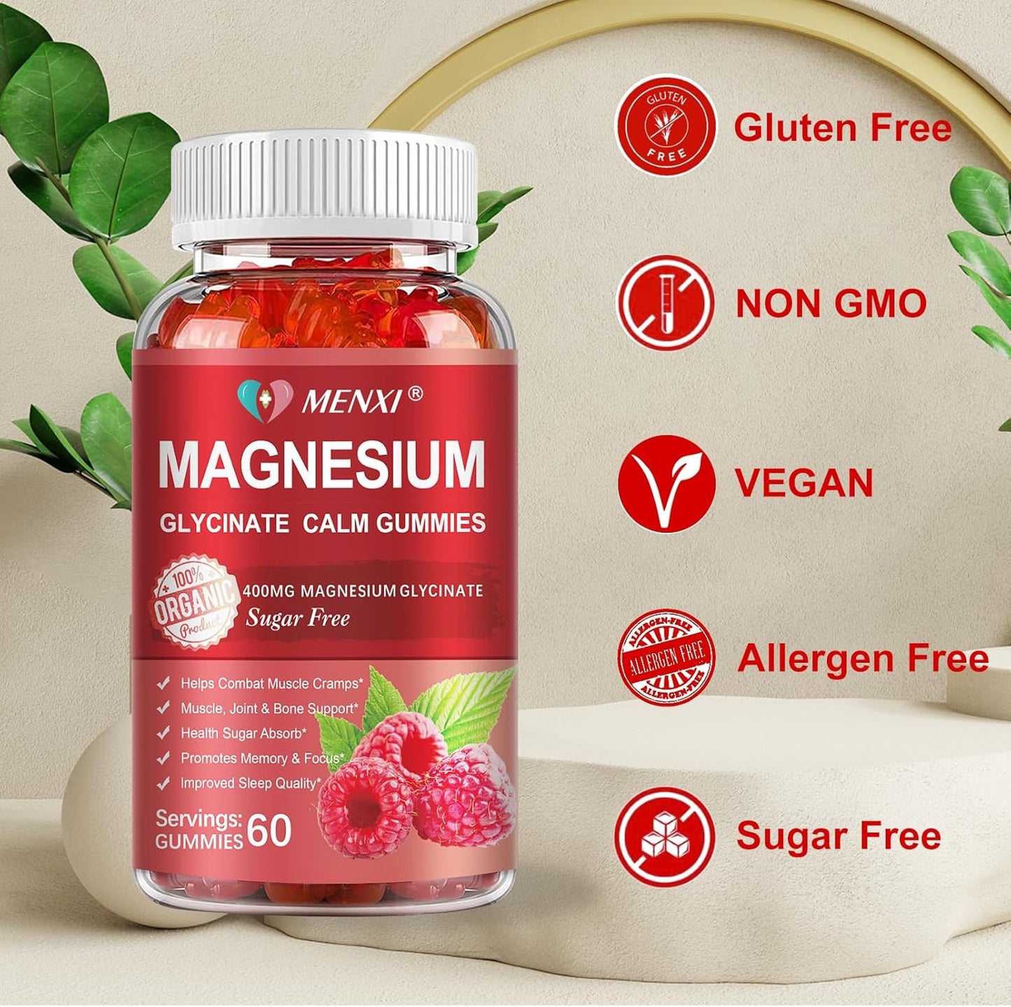 Sugar-Free MENXI Magnesium Gummies with 600mg Magnesium per Serving - Potassium Supplement for Mood, Muscle, Bone & Energy Support - 120 Raspberry Gummies