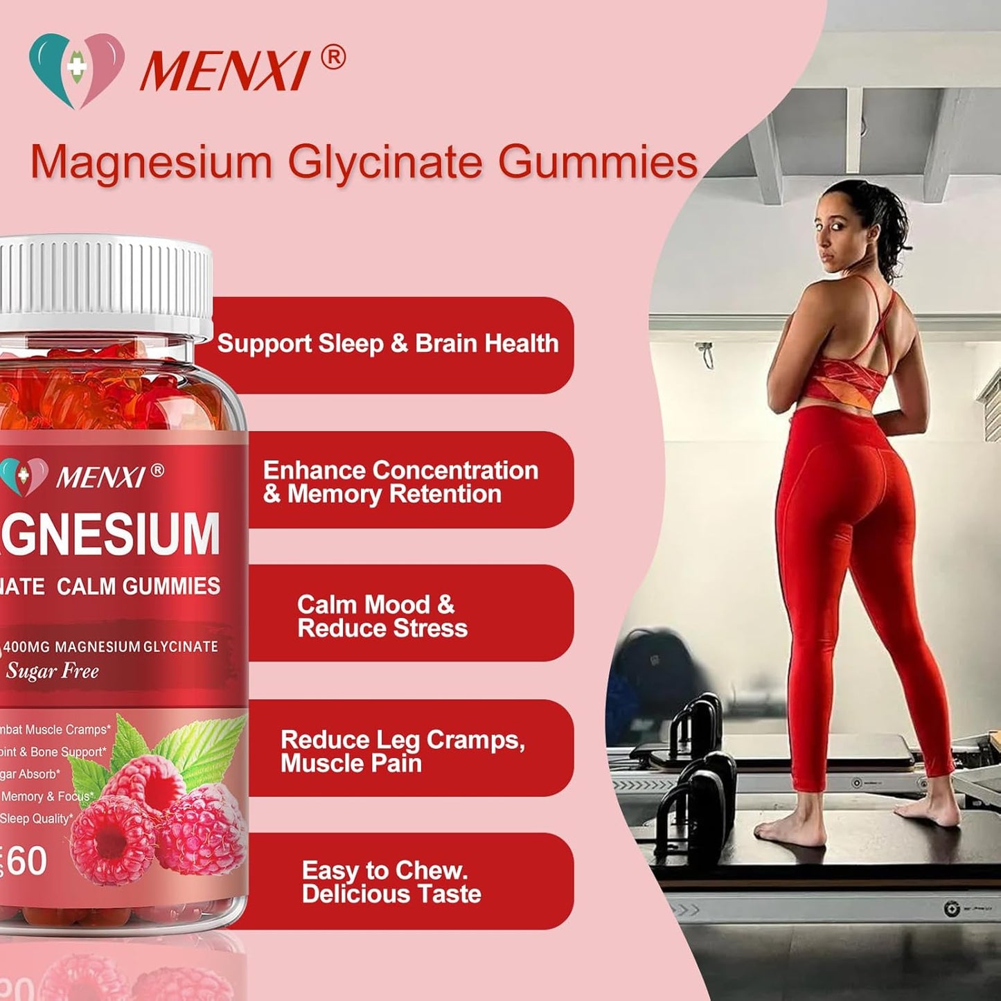Sugar-Free MENXI Magnesium Gummies with 600mg Magnesium per Serving - Potassium Supplement for Mood, Muscle, Bone & Energy Support - 120 Raspberry Gummies