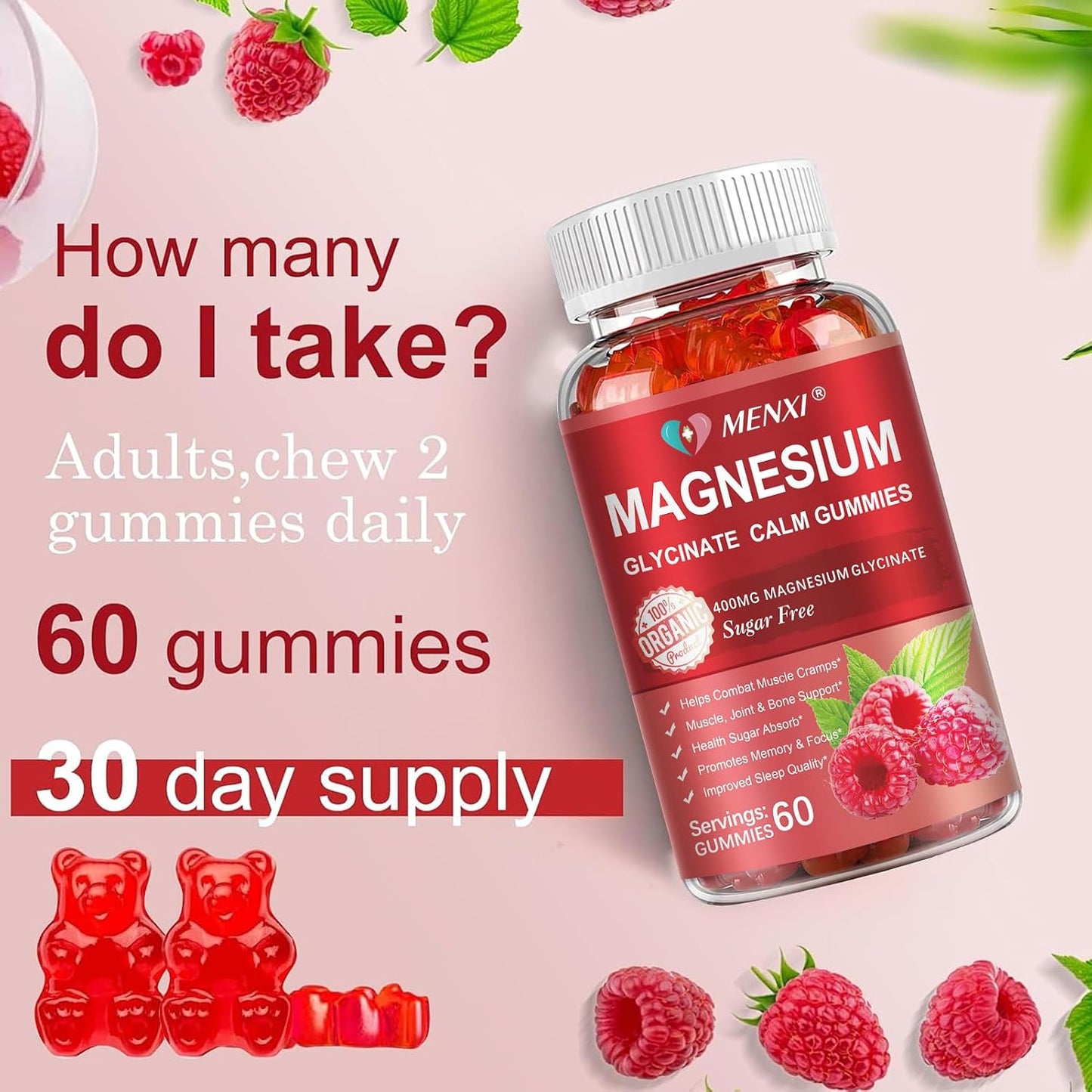 Sugar-Free MENXI Magnesium Gummies with 600mg Magnesium per Serving - Potassium Supplement for Mood, Muscle, Bone & Energy Support - 120 Raspberry Gummies