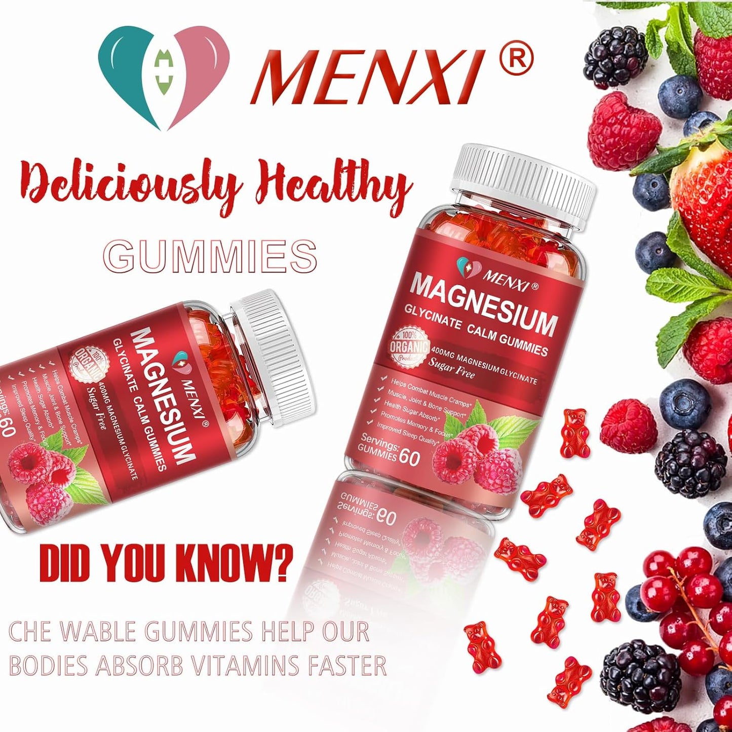 Sugar-Free MENXI Magnesium Gummies with 600mg Magnesium per Serving - Potassium Supplement for Mood, Muscle, Bone & Energy Support - 120 Raspberry Gummies