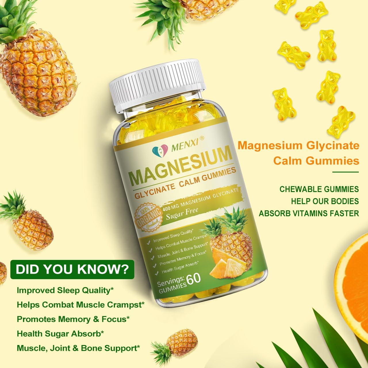 Sugar-Free MENXI Magnesium Gummies with Vitamin D, B6, CoQ10 - 400mg Magnesium Taurate & Malate for Relaxation, Stress Relief, Sleep - 60 Pineapple Gummies