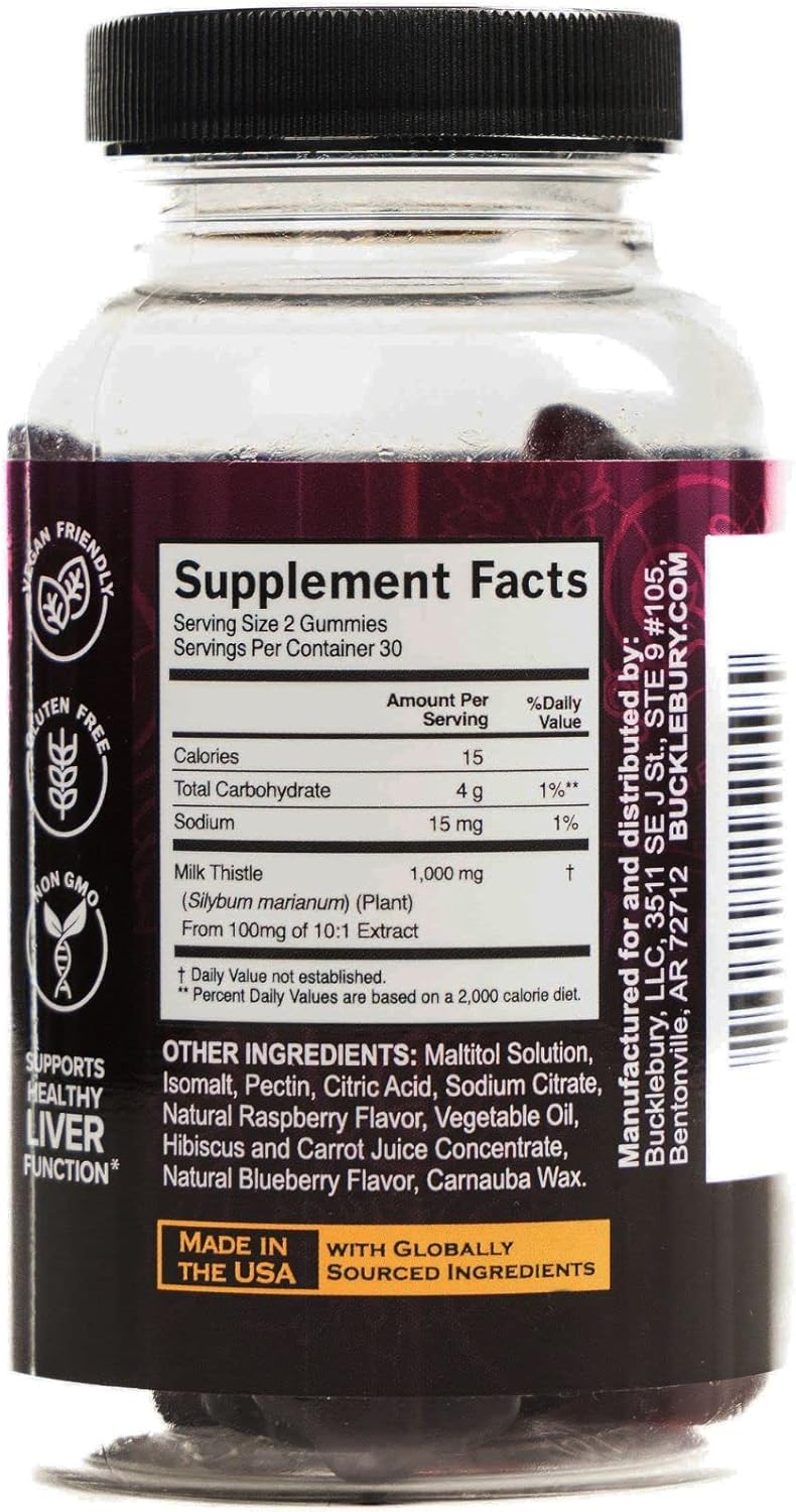 Sugar-Free Milk Thistle Gummies 1,000mg for Healthy Liver Detox - Blueberry Flavor, Vegan, Non-GMO, Gluten-Free - 60 Gummies