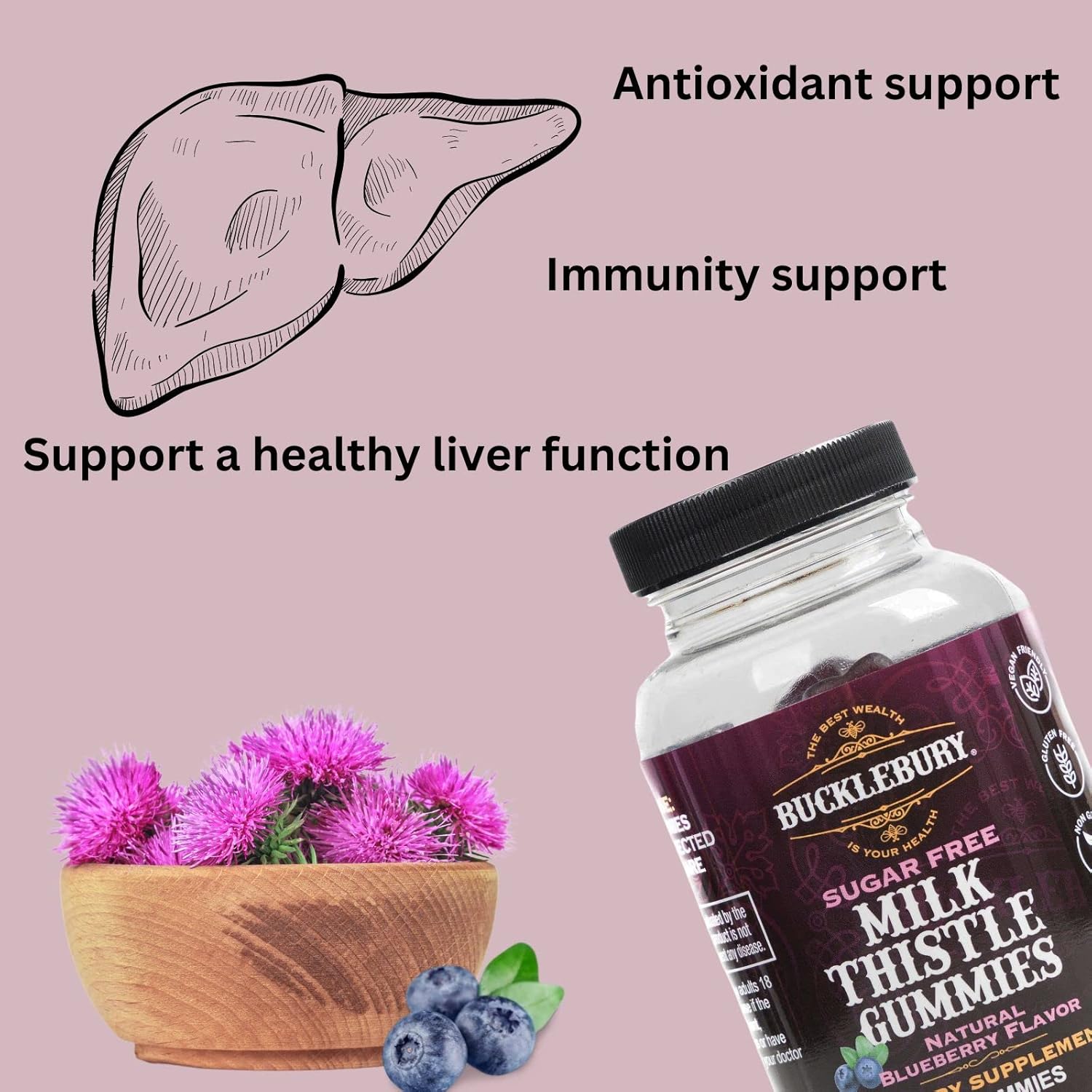 Sugar-Free Milk Thistle Gummies 1,000mg for Healthy Liver Detox - Blueberry Flavor, Vegan, Non-GMO, Gluten-Free - 60 Gummies