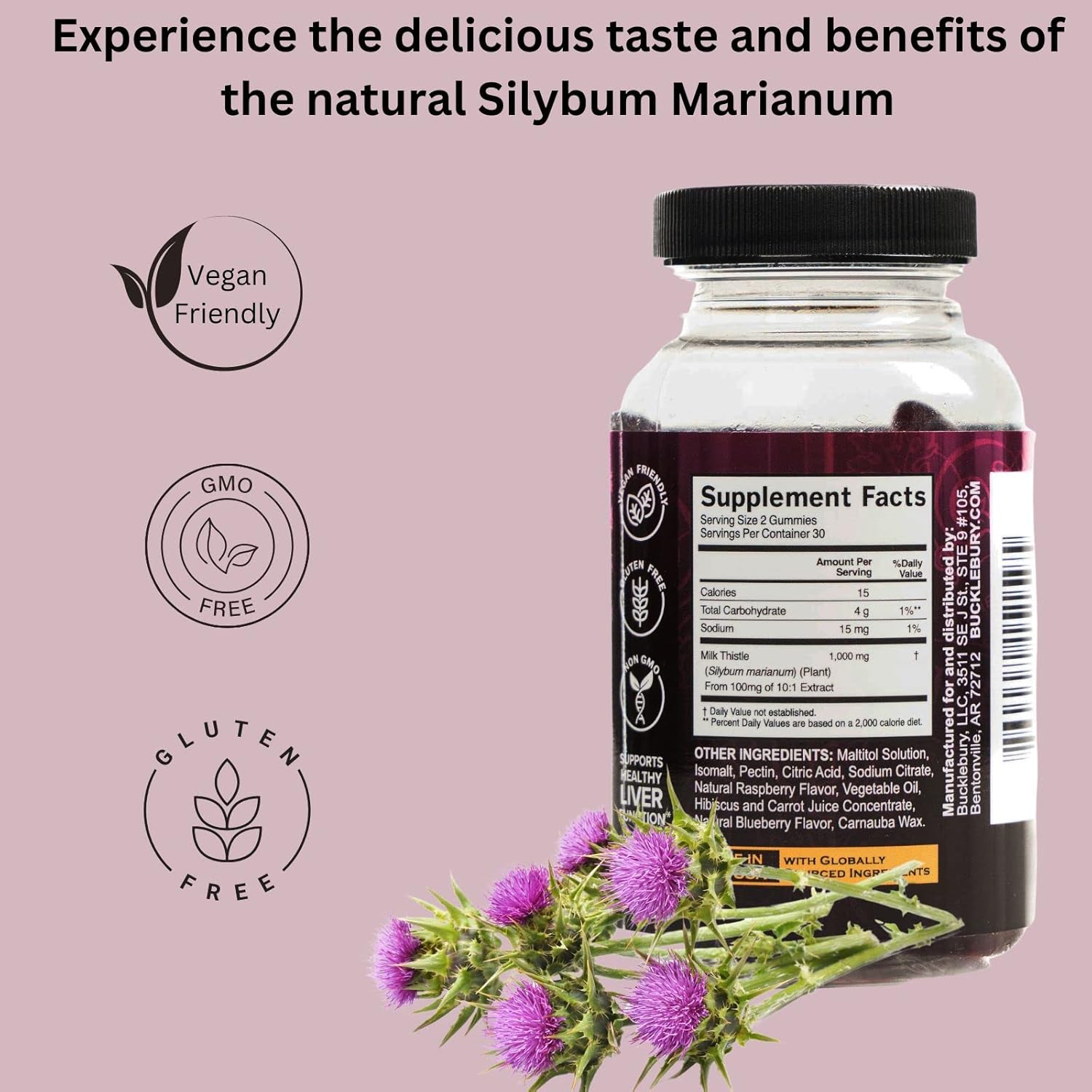 Sugar-Free Milk Thistle Gummies 1,000mg for Healthy Liver Detox - Blueberry Flavor, Vegan, Non-GMO, Gluten-Free - 60 Gummies