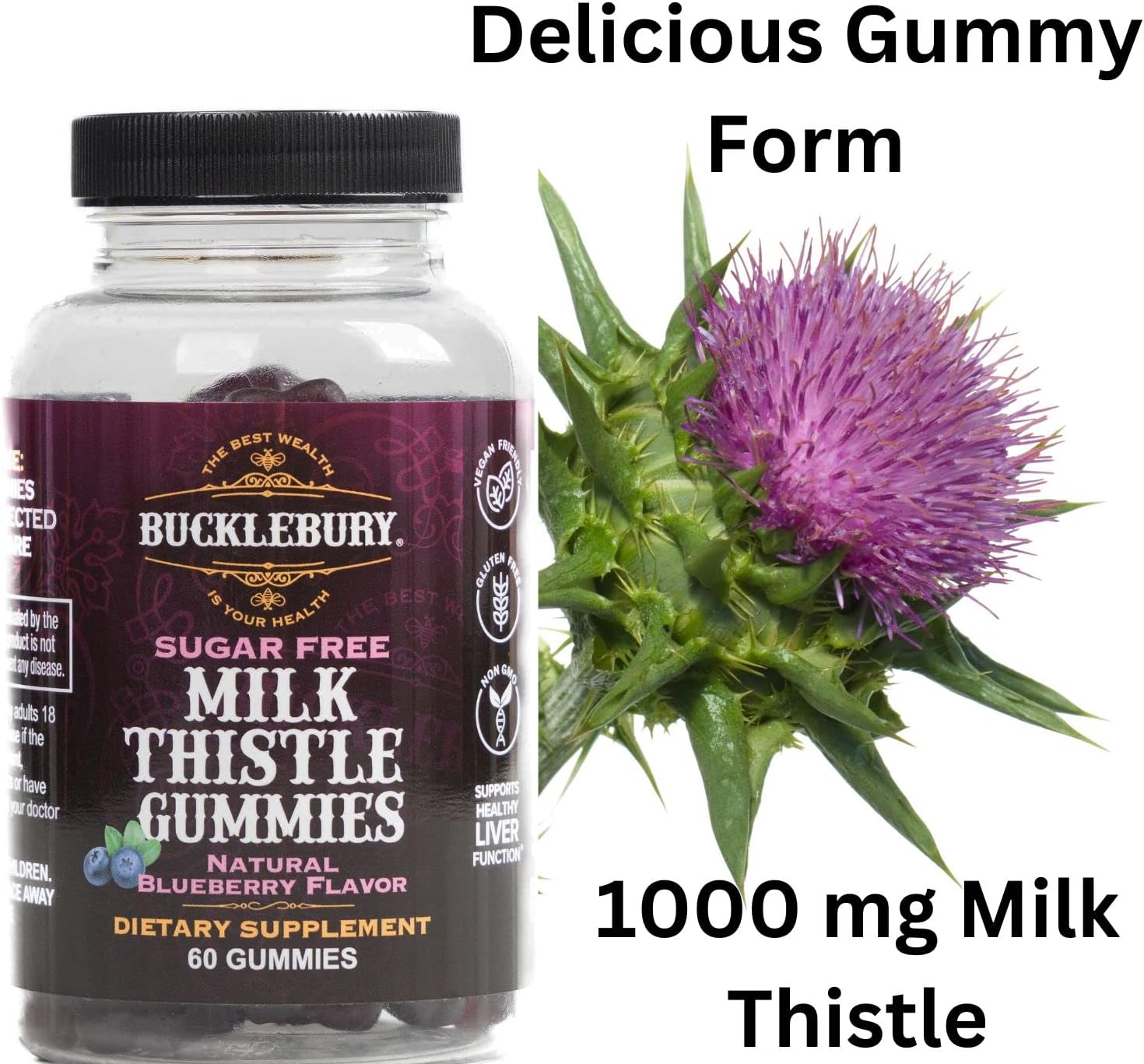 Sugar-Free Milk Thistle Gummies 1,000mg for Healthy Liver Detox - Blueberry Flavor, Vegan, Non-GMO, Gluten-Free - 60 Gummies