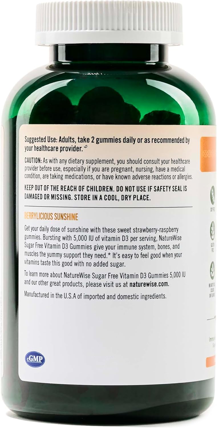 Sugar-Free Mixed Berry Flavor Vitamin D3 Gummies - 5000 IU for Adults - Supports Immunity, Muscle & Bone Strength - Non-GMO - 180 Gummies