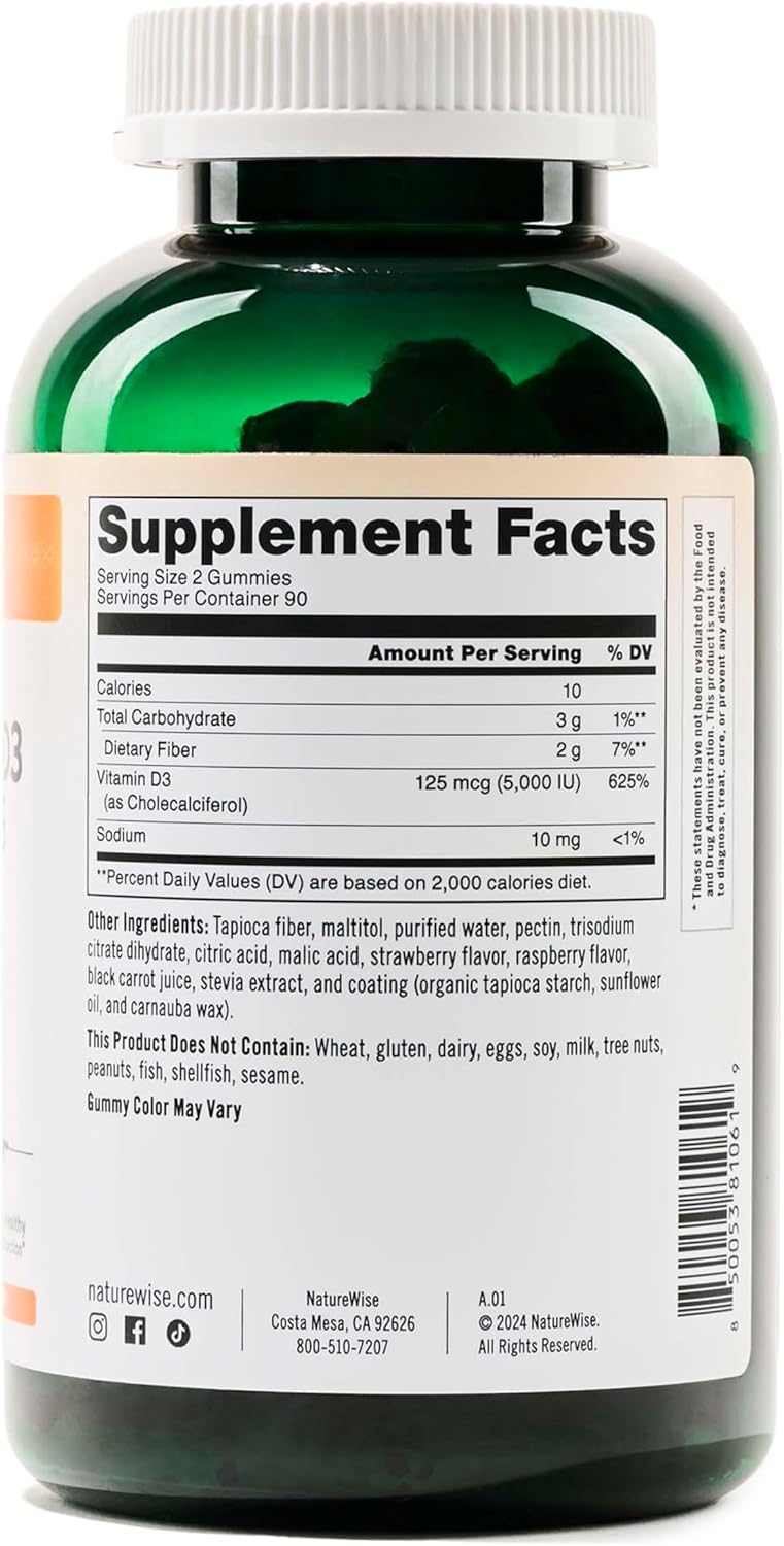 Sugar-Free Mixed Berry Flavor Vitamin D3 Gummies - 5000 IU for Adults - Supports Immunity, Muscle & Bone Strength - Non-GMO - 180 Gummies
