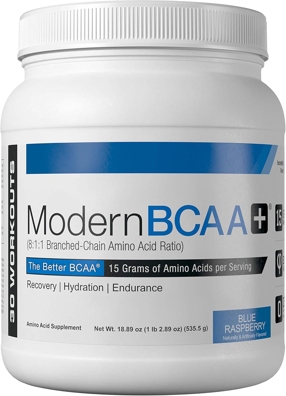Sugar-Free Modern BCAA Powder for Post Workout Recovery - 15g Amino Acids - 8:1:1 BCAA Ratio - Blue Raspberry - 30 Servings