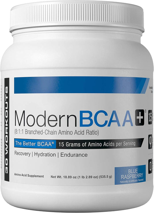 Sugar-Free Modern BCAA Powder for Post Workout Recovery - 15g Amino Acids - 8:1:1 BCAA Ratio - Blue Raspberry - 30 Servings