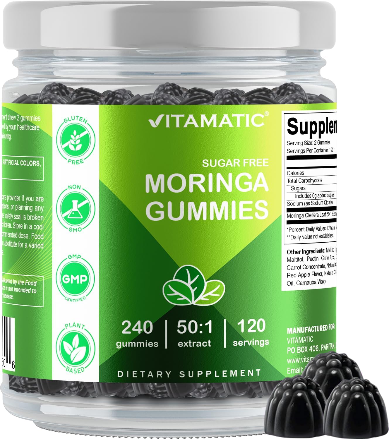 Sugar Free Moringa Gummies - 50:1 Extract 200 mg - Green Superfood - 240 Pectin Gummies