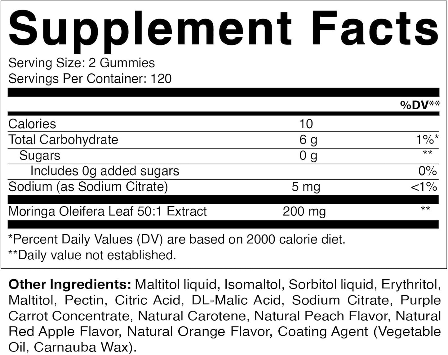 Sugar Free Moringa Gummies - 50:1 Extract 200 mg - Green Superfood - 240 Pectin Gummies