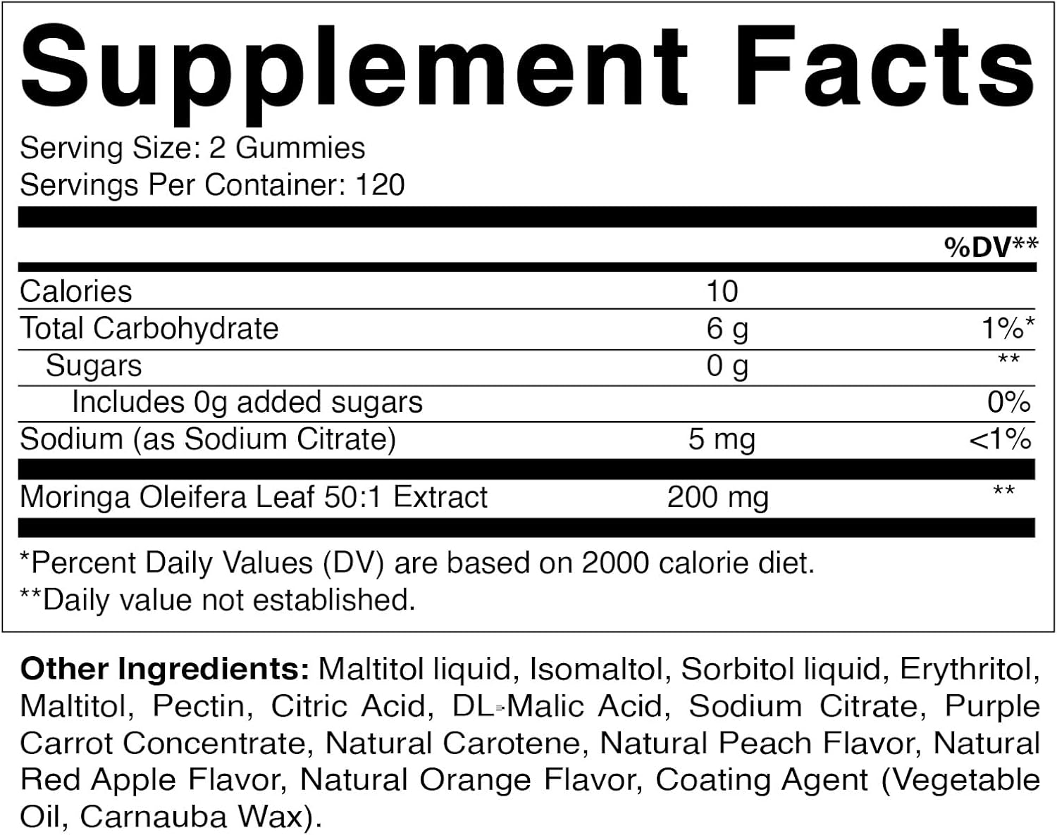 Sugar Free Moringa Gummies - 50:1 Extract 200 mg - Green Superfood - 240 Pectin Gummies