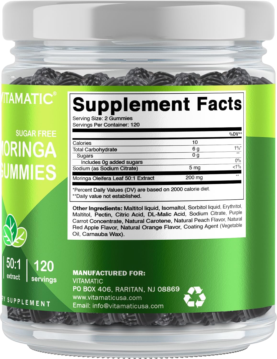 Sugar Free Moringa Gummies - 50:1 Extract 200 mg - Green Superfood - 240 Pectin Gummies