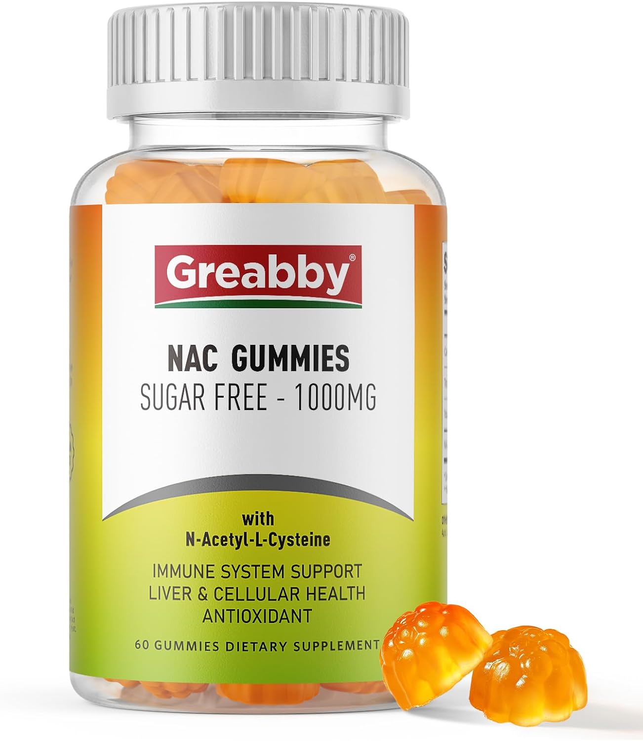 Sugar-Free NAC Gummies - 1000mg Antioxidant Supplement for Lung & Liver Health, Immune Support - Vegan Orange Flavor - 60ct