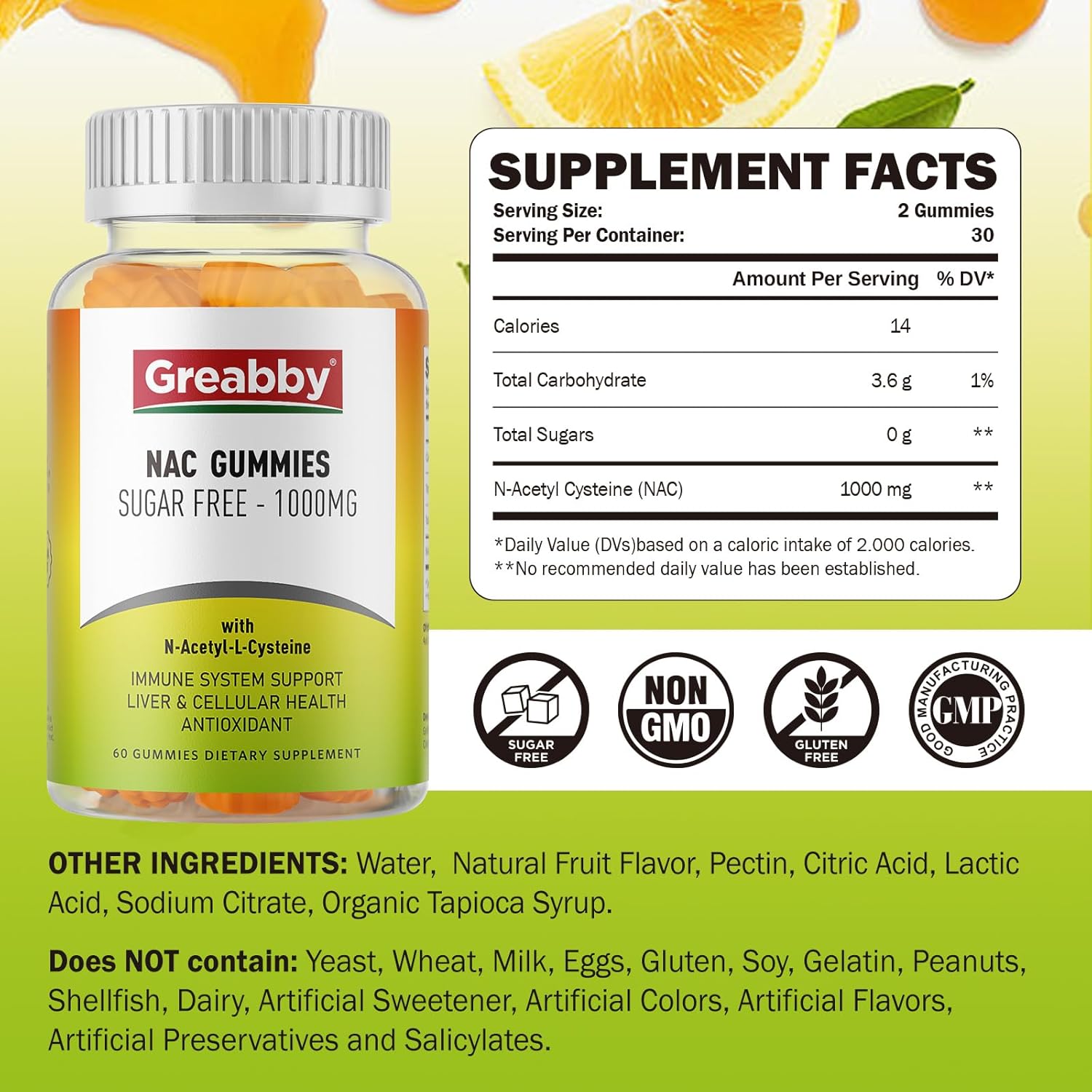 Sugar-Free NAC Gummies - 1000mg Antioxidant Supplement for Lung & Liver Health, Immune Support - Vegan Orange Flavor - 60ct