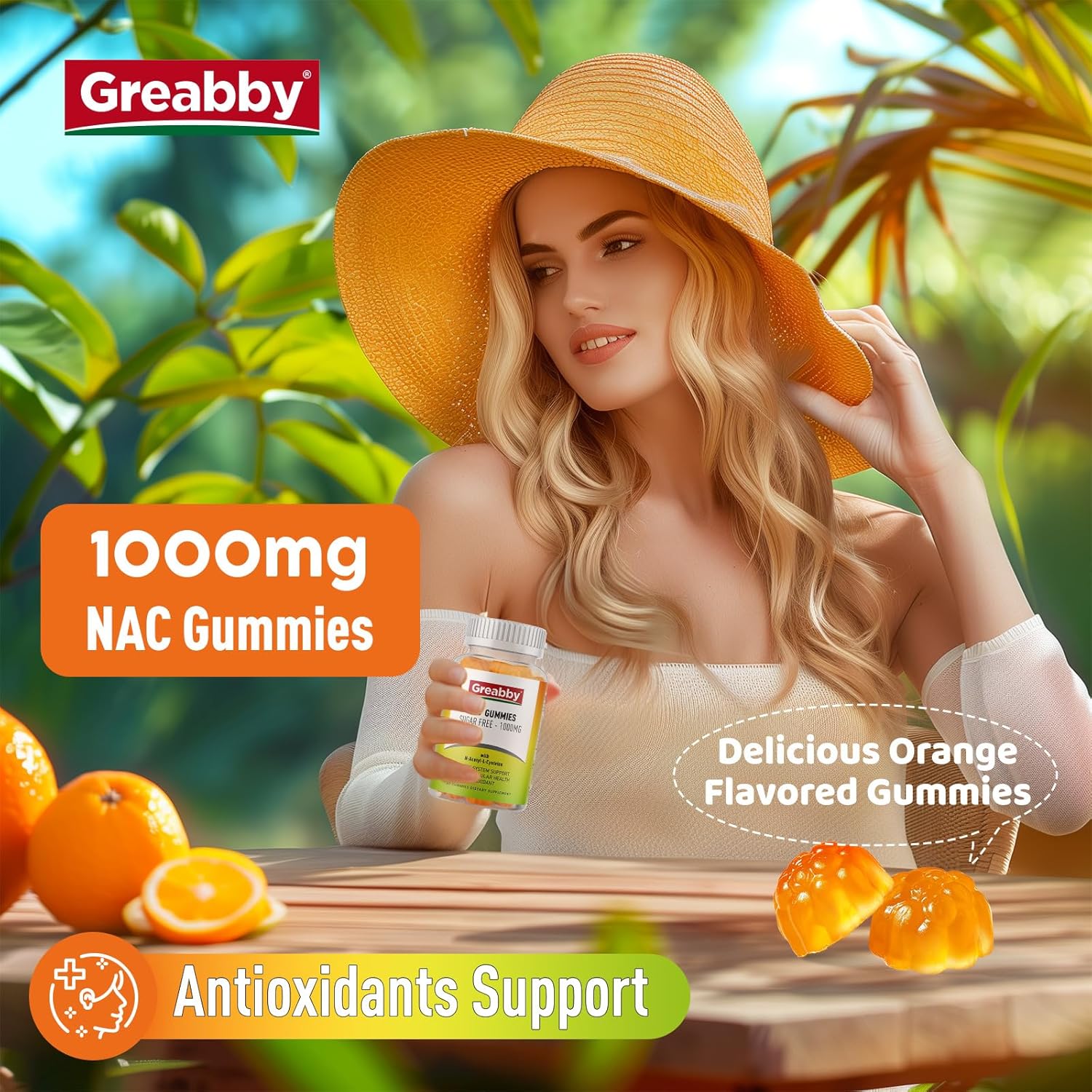 Sugar-Free NAC Gummies - 1000mg Antioxidant Supplement for Lung & Liver Health, Immune Support - Vegan Orange Flavor - 60ct