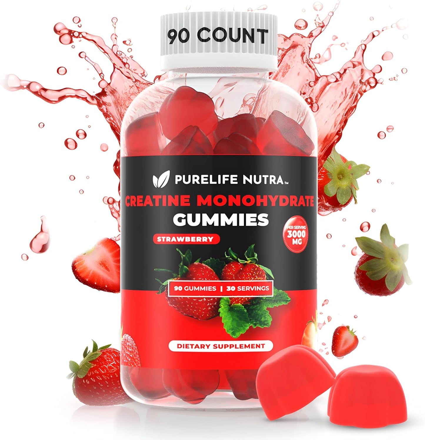 Sugar-Free Natural Strawberry Flavored Creatine Gummies - Boost Strength & Focus, 90 Count Vegan Supplement for Men & Women, Gluten-Free & Halal - PureLife Nutra Creatine Monohydrate Gummies, 3g Serving
