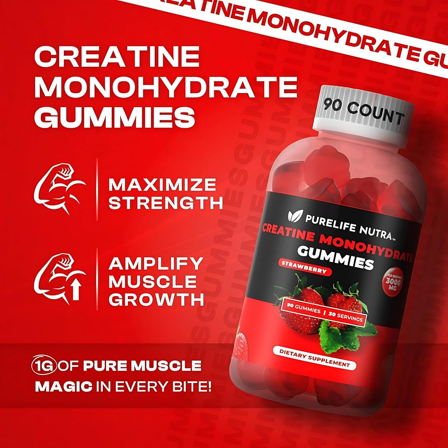 Sugar-Free Natural Strawberry Flavored Creatine Gummies - Boost Strength & Focus, 90 Count Vegan Supplement for Men & Women, Gluten-Free & Halal - PureLife Nutra Creatine Monohydrate Gummies, 3g Serving