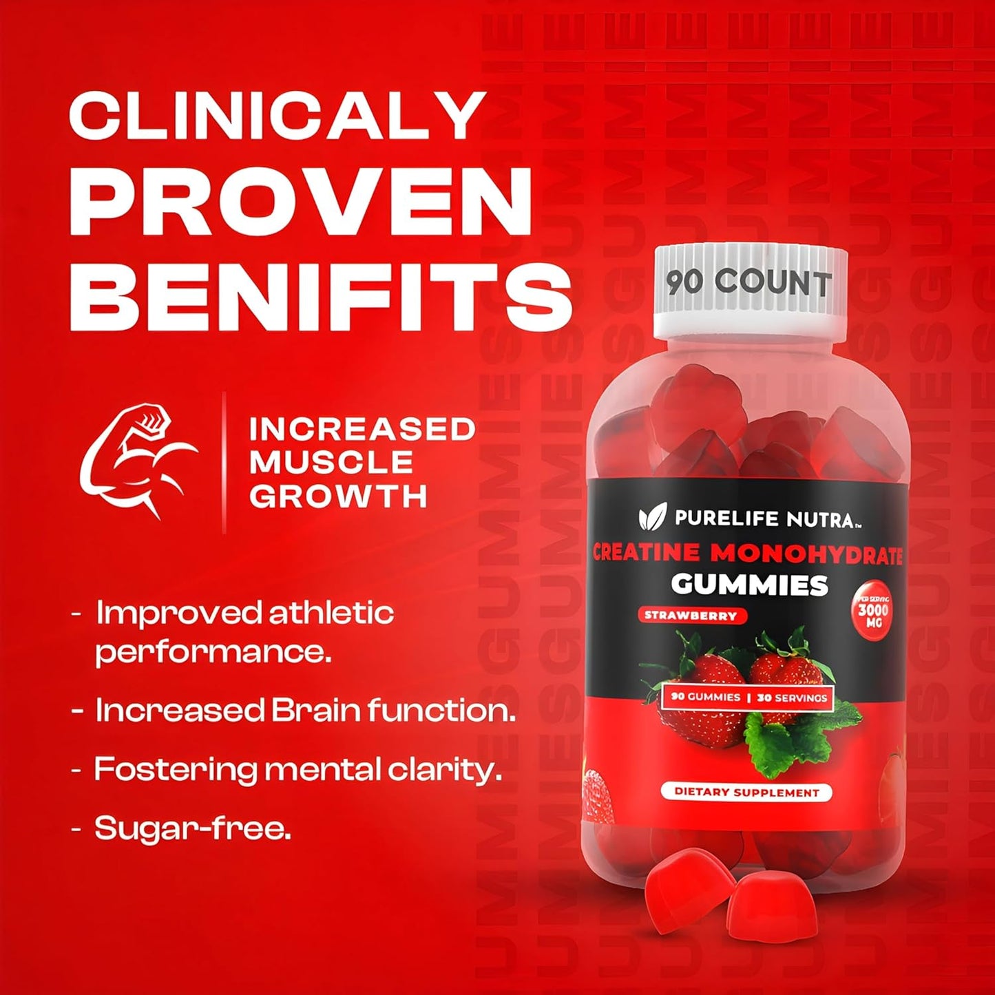 Sugar-Free Natural Strawberry Flavored Creatine Gummies - Boost Strength & Focus, 90 Count Vegan Supplement for Men & Women, Gluten-Free & Halal - PureLife Nutra Creatine Monohydrate Gummies, 3g Serving