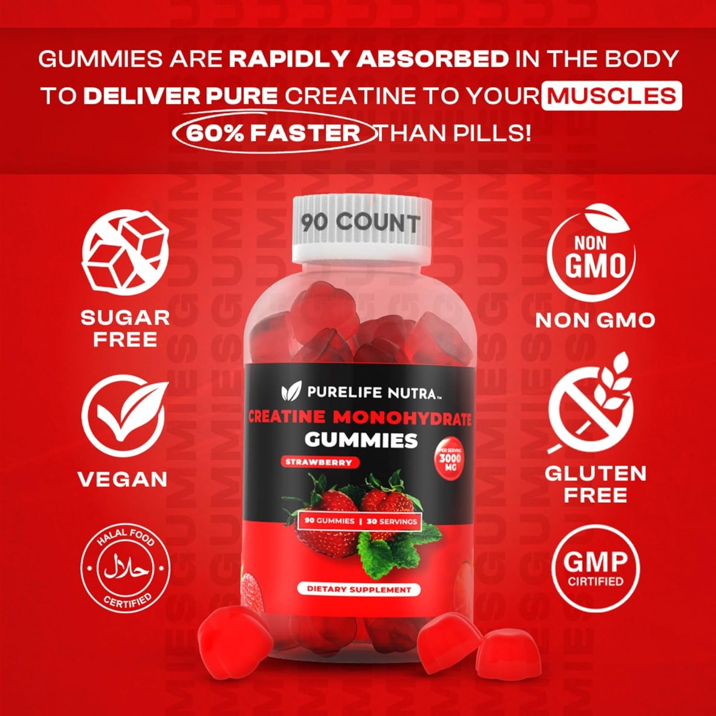Sugar-Free Natural Strawberry Flavored Creatine Gummies - Boost Strength & Focus, 90 Count Vegan Supplement for Men & Women, Gluten-Free & Halal - PureLife Nutra Creatine Monohydrate Gummies, 3g Serving