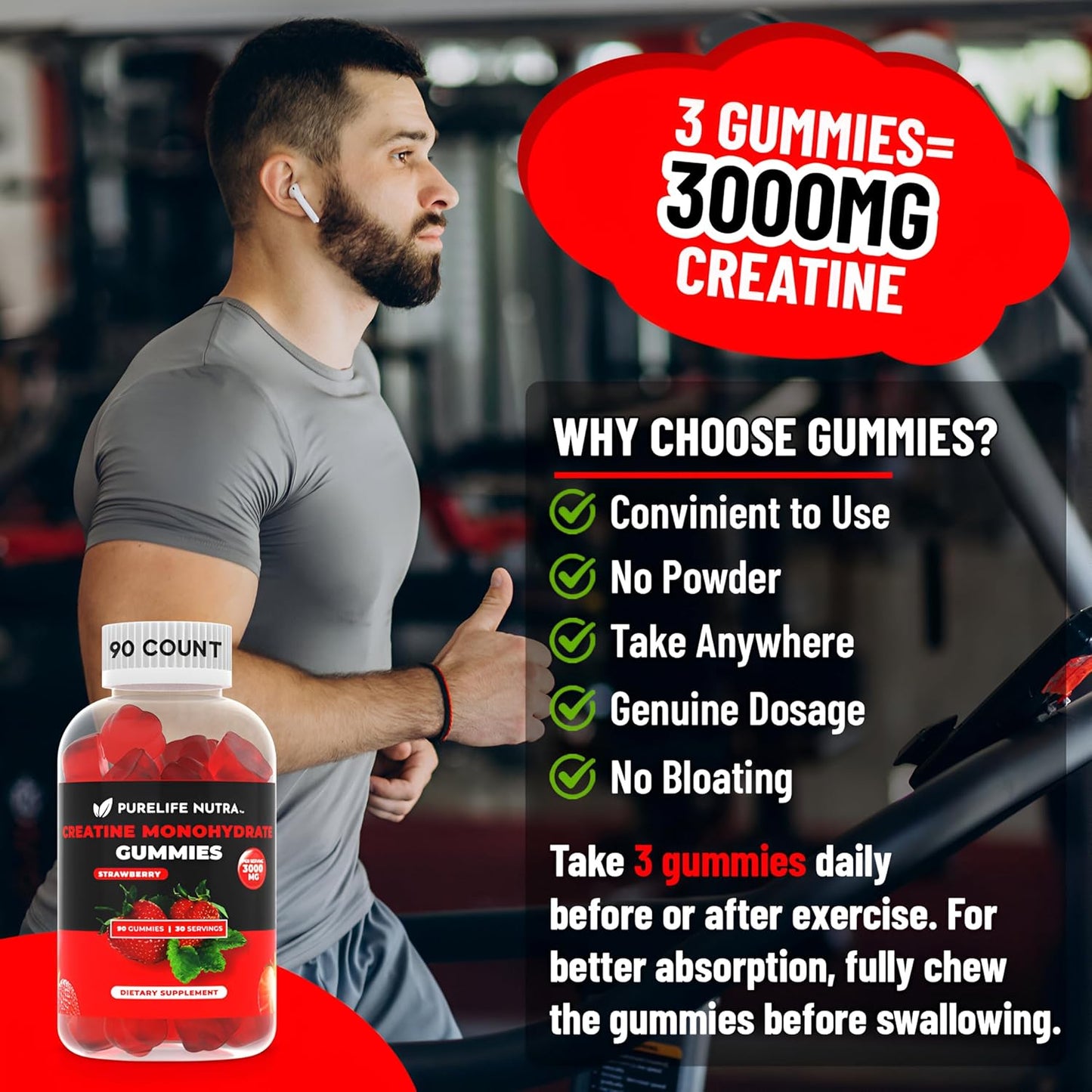 Sugar-Free Natural Strawberry Flavored Creatine Gummies - Boost Strength & Focus, 90 Count Vegan Supplement for Men & Women, Gluten-Free & Halal - PureLife Nutra Creatine Monohydrate Gummies, 3g Serving