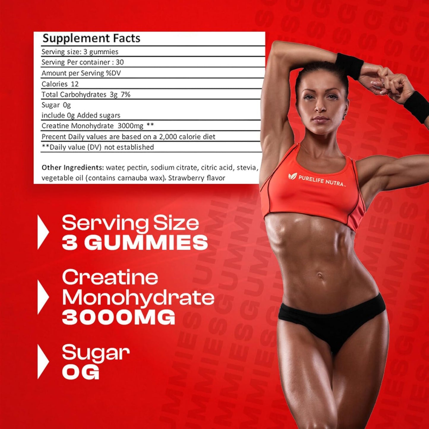 Sugar-Free Natural Strawberry Flavored Creatine Gummies - Boost Strength & Focus, 90 Count Vegan Supplement for Men & Women, Gluten-Free & Halal - PureLife Nutra Creatine Monohydrate Gummies, 3g Serving