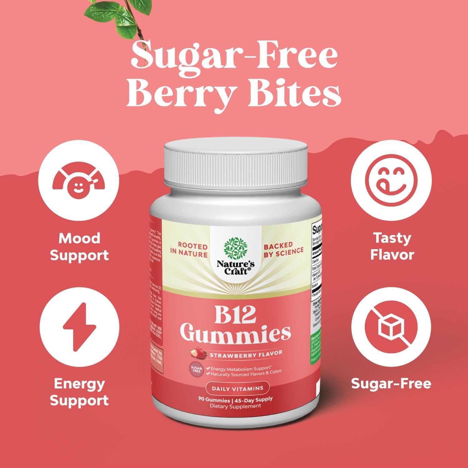 Sugar-Free Nature's Craft Vitamin B12 Gummies: 1000mcg Energy & Mood Support for Adults - Non-GMO & Gluten-Free - 90 Count